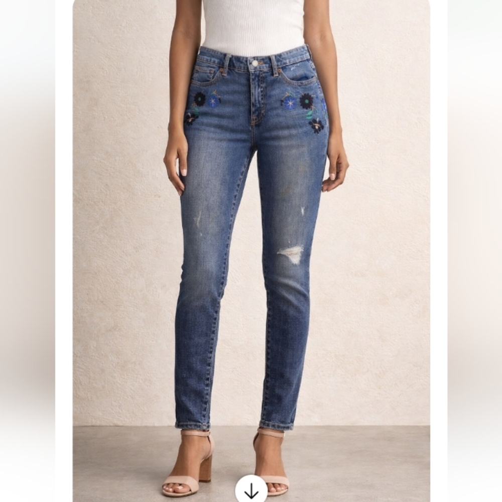 Lucky Brand Embroidered Skinny Jeans Floral Distressed Blue Size 4/27